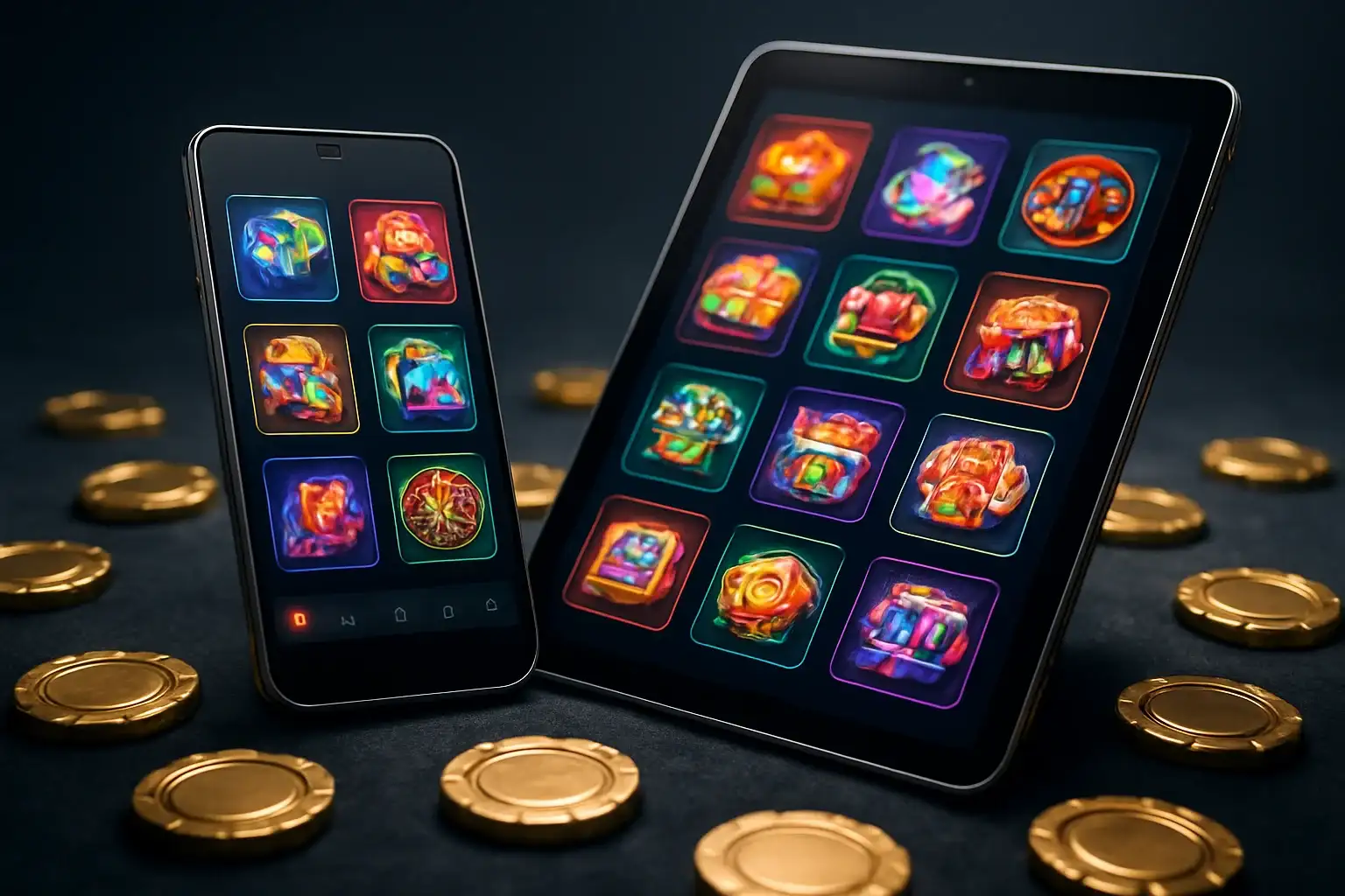 Android phone and tablet showing glowing casino app interfaces