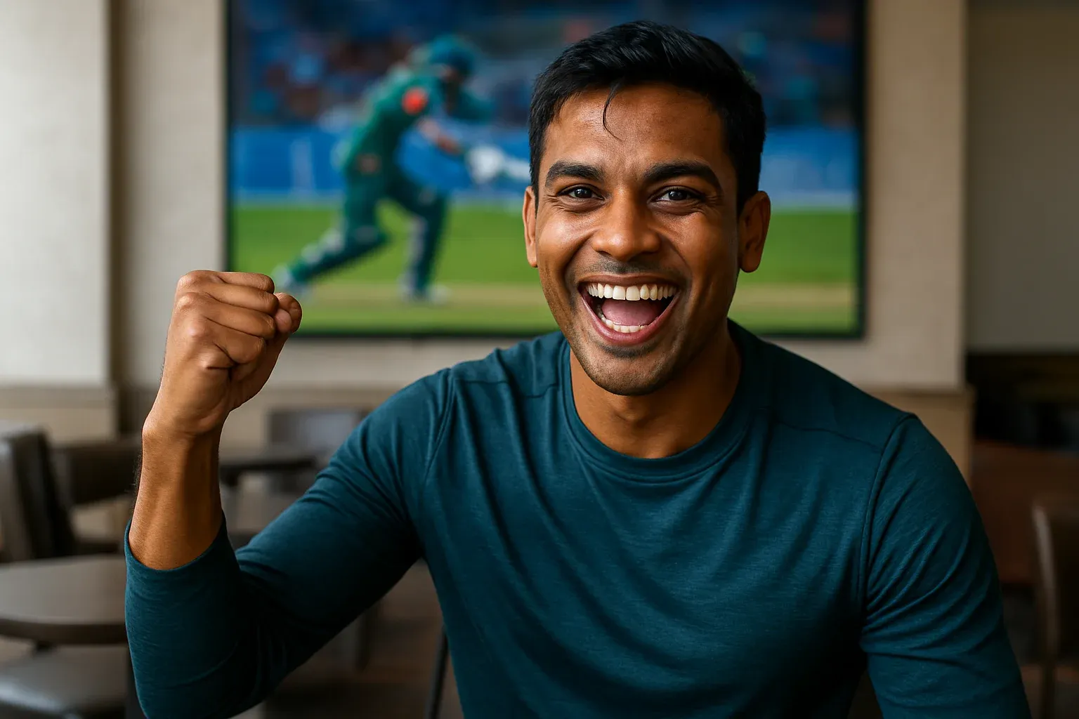 Bangladeshi male athlete celebrating bet win in modern sports lounge