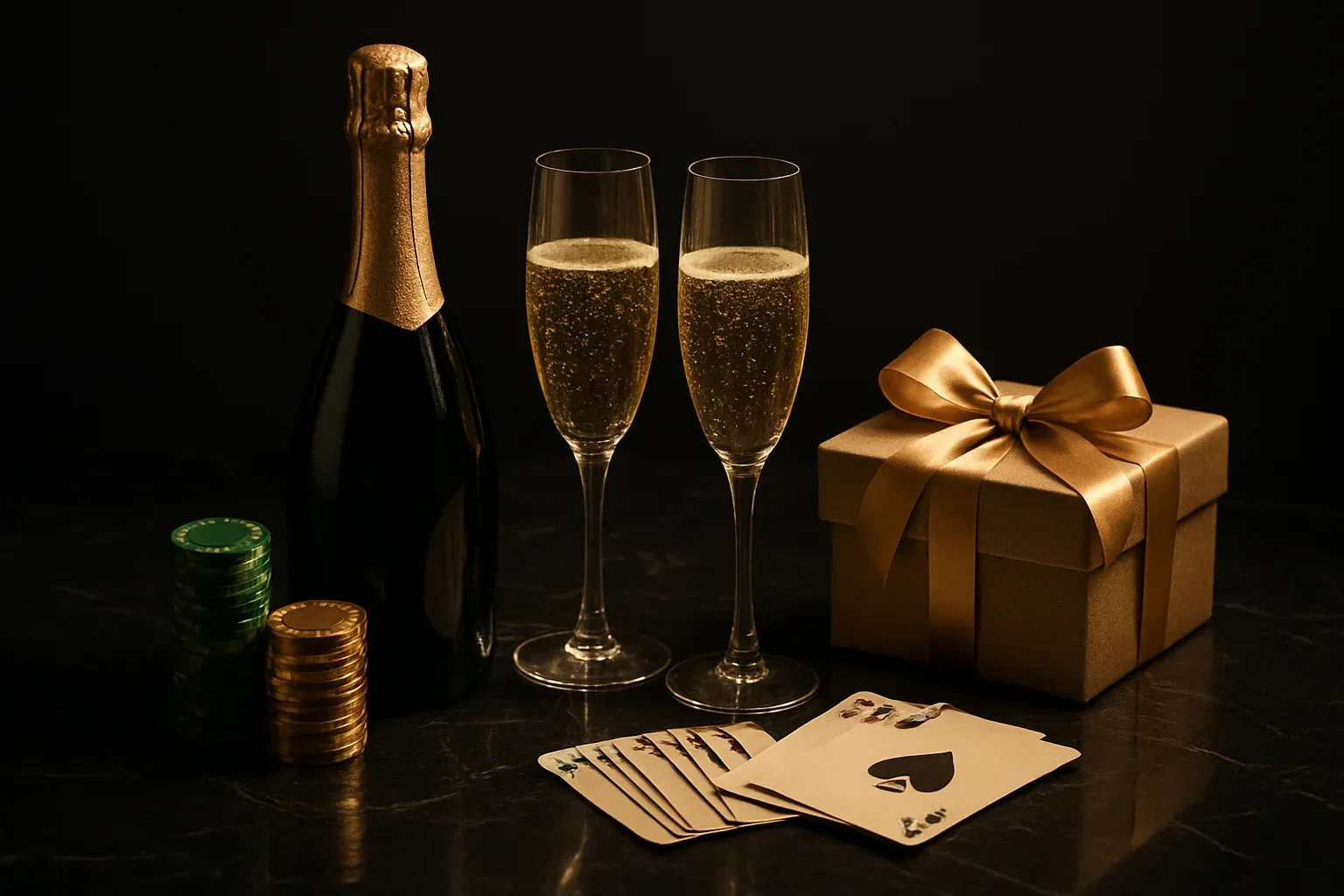 Champagne, casino chips, cards, and glowing gift box on black marble
