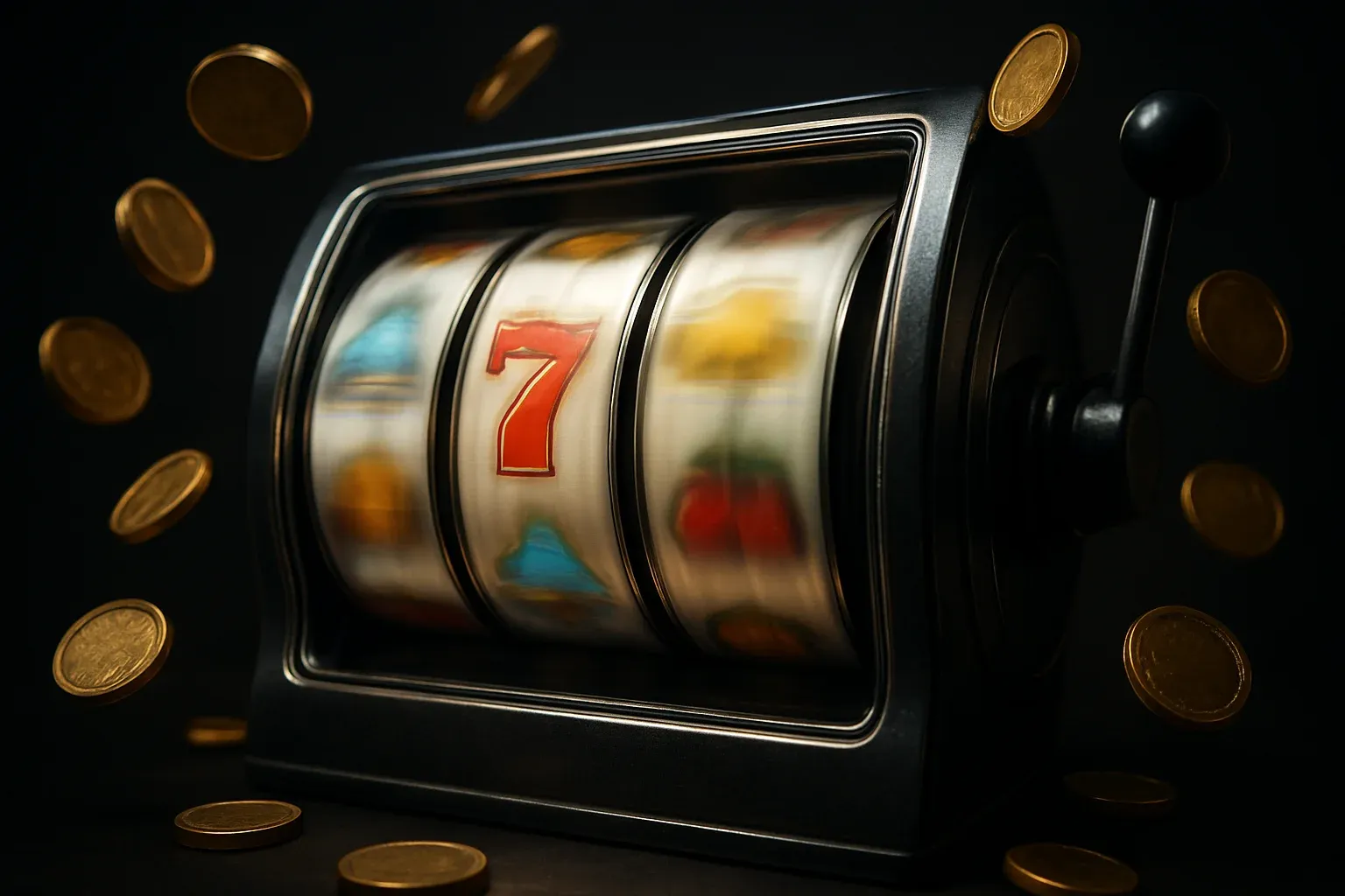 Hyperrealistic glowing slot machine reels with flying gold coins mid-air