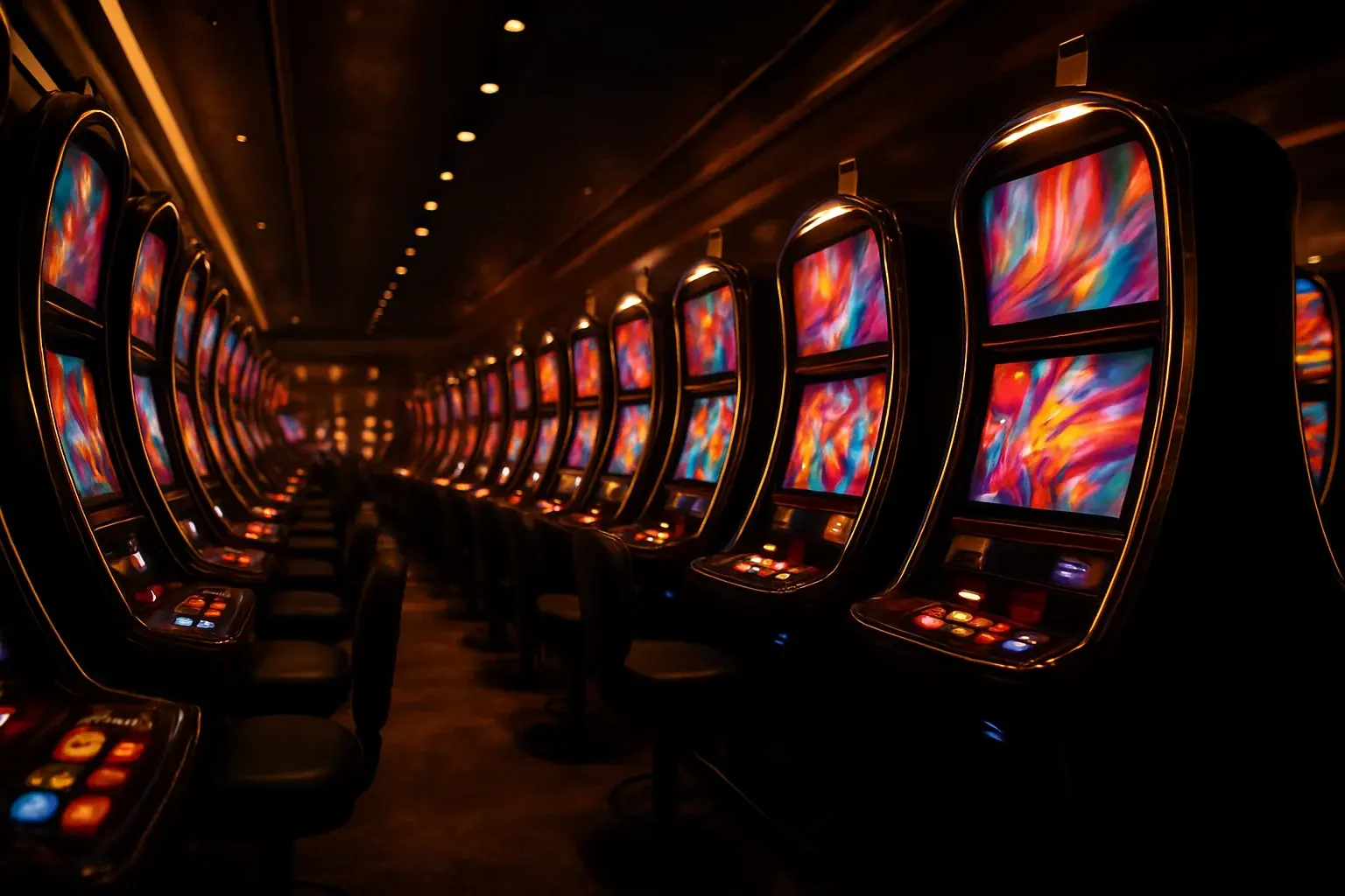 Opulent casino slot machine hall with glowing rows and dramatic lighting